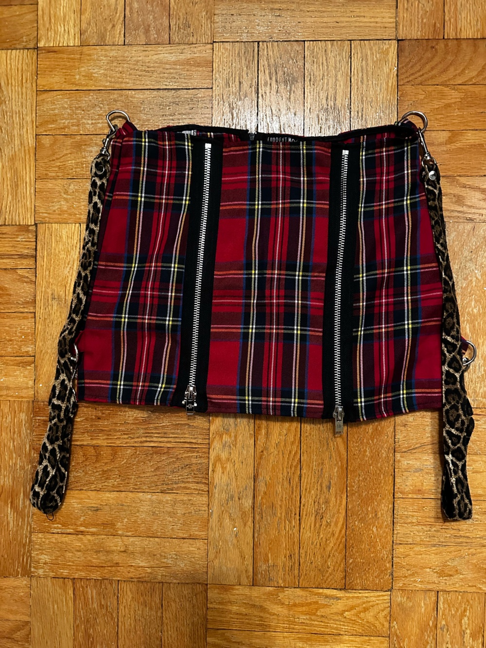 Plaid Mini Skirt with Leopard Straps